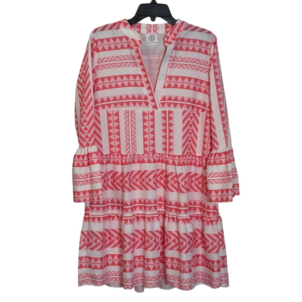 Arthur Jane Claire Pink White Geometric Tribal Tiered‎ Mini Dress Bell Sleeve M